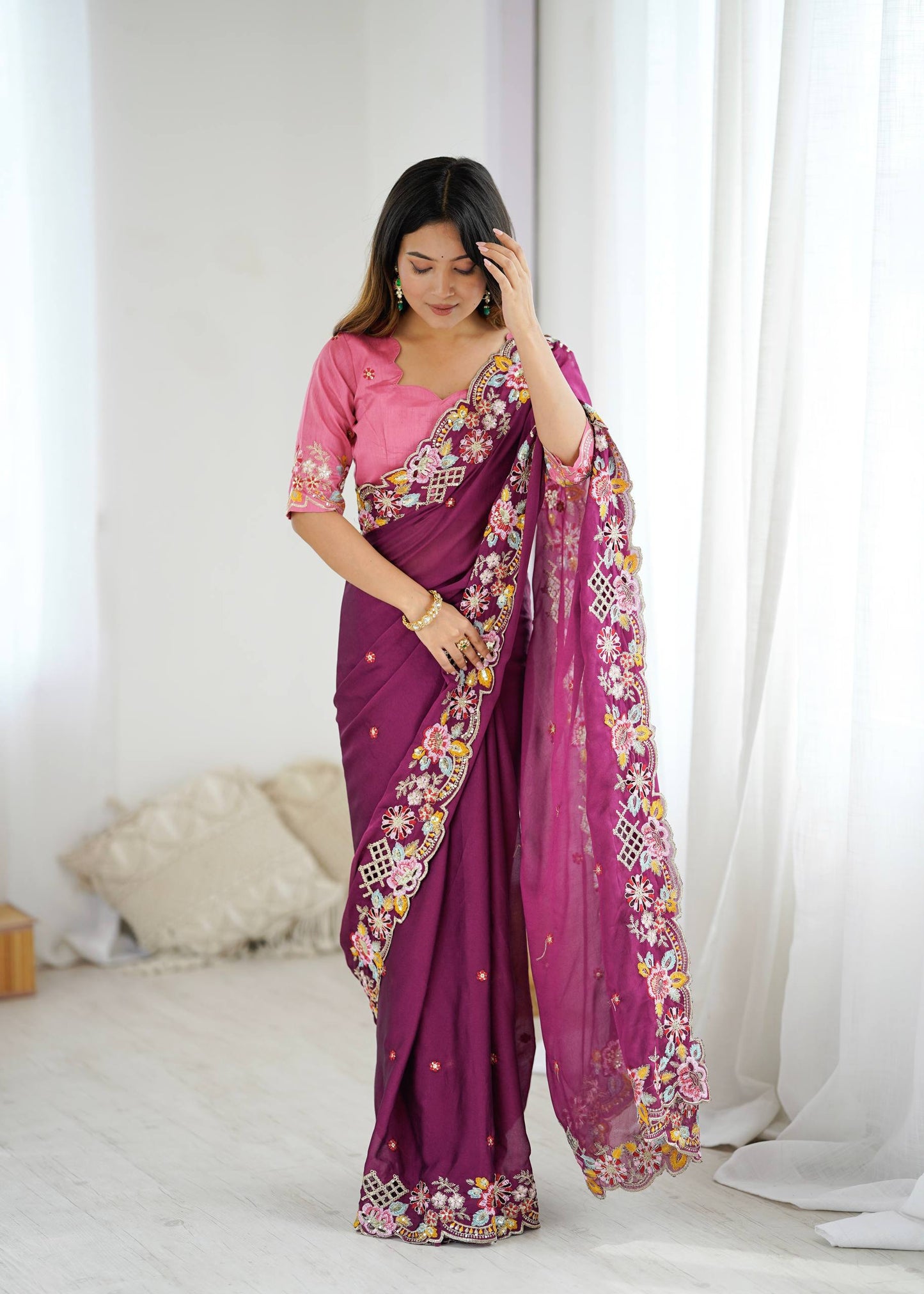 Celebrity Style Purple Color Wedding Wear Saree for Women