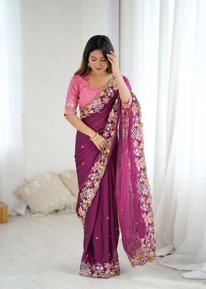 Celebrity Style Purple Color Wedding Wear Saree for Women