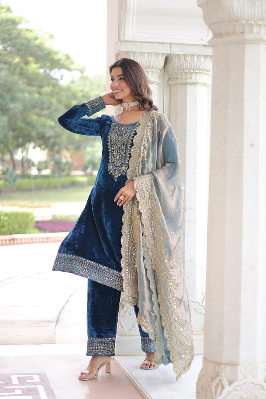 Ready to Wear Blue Velvet Salwar Suits for Eid