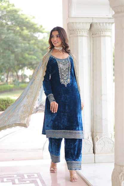 Ready to Wear Blue Velvet Salwar Suits for Eid