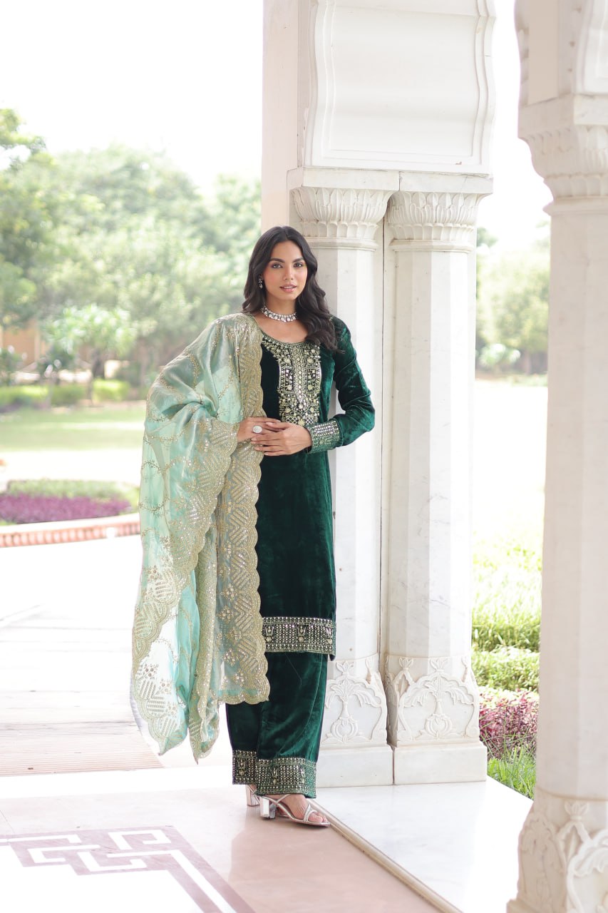 Green Ready to Wear Velvet Salwar Suits for Wedding