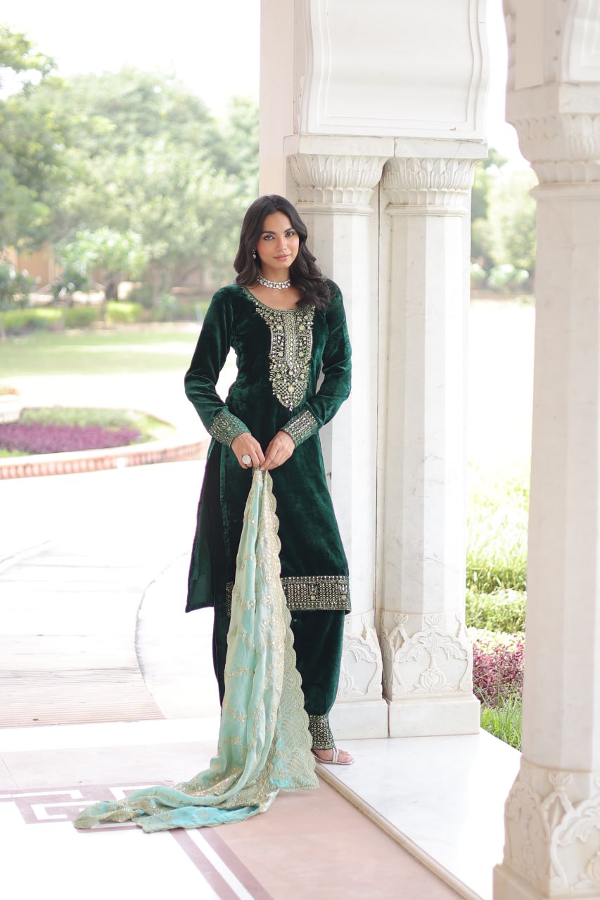 Green Ready to Wear Velvet Salwar Suits for Wedding