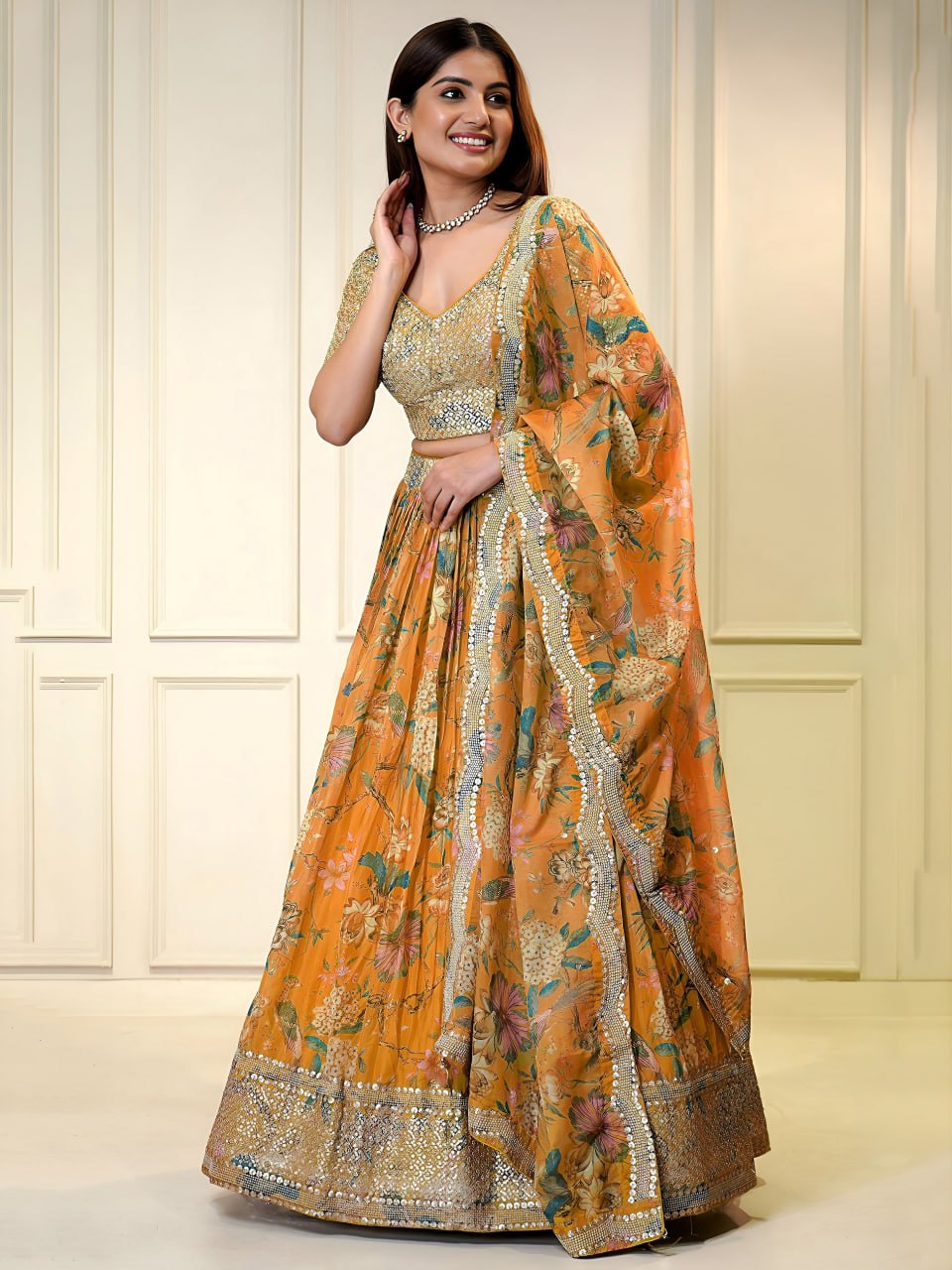 Designer Indian Orange Printed Lehenga Choli Set