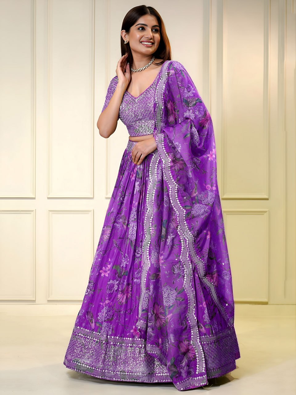 Purple Organza Printed Lehenga Choli for Bridesmaids