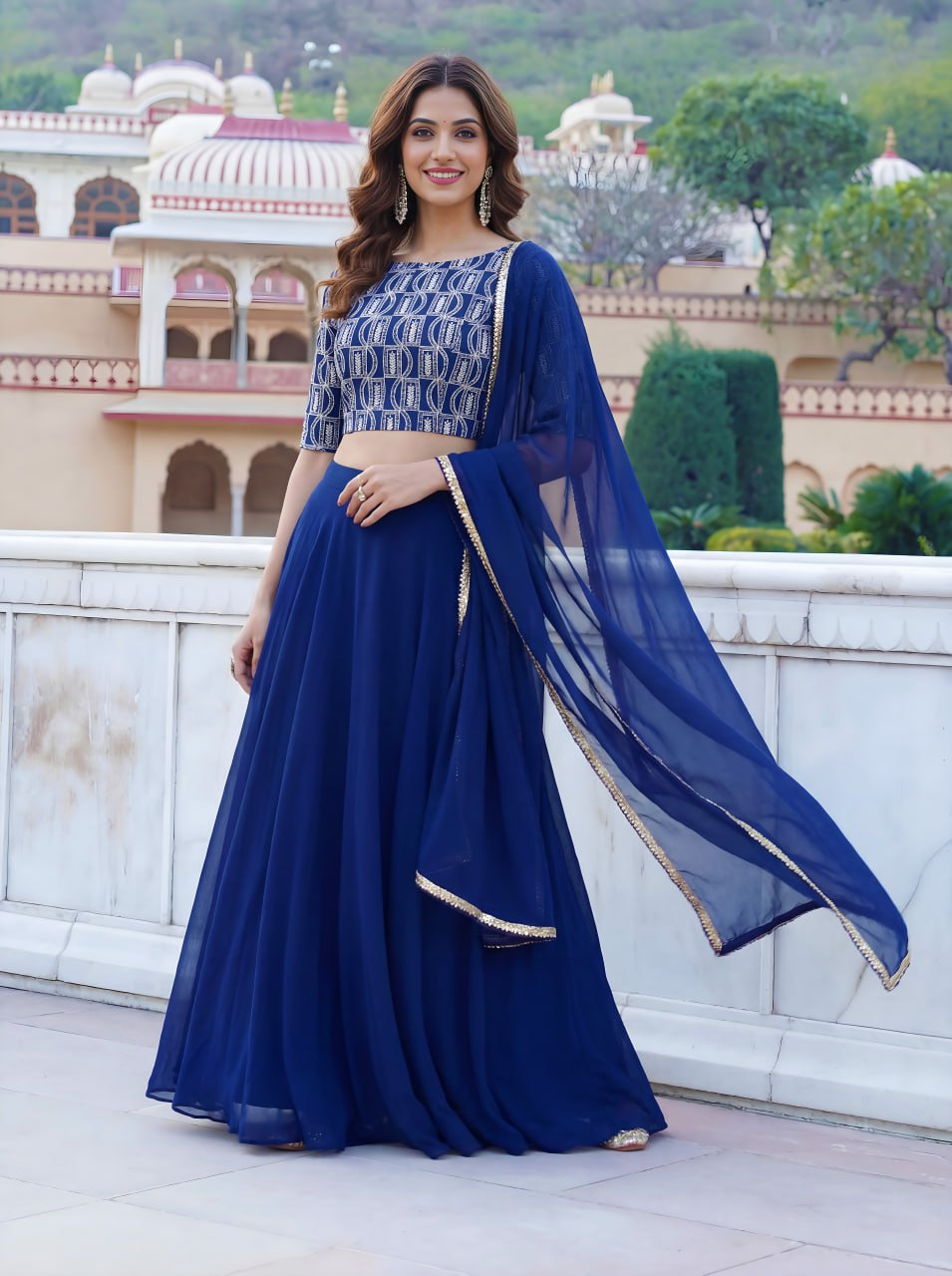 Blue Georgette Bridesmaids Lehenga Choli for Party