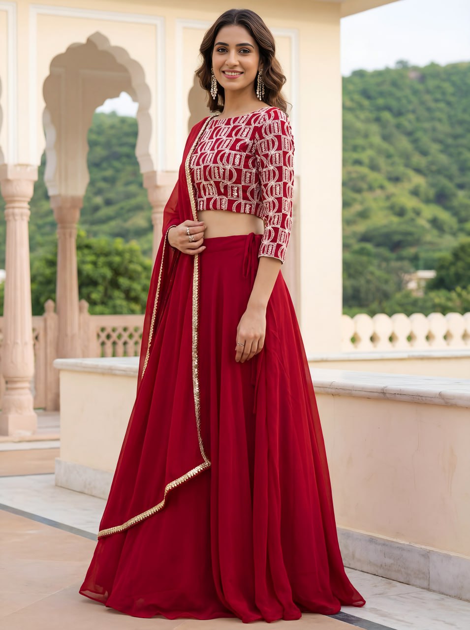 Graceful Red Georgette Indian Lehenga Choli for Wedding