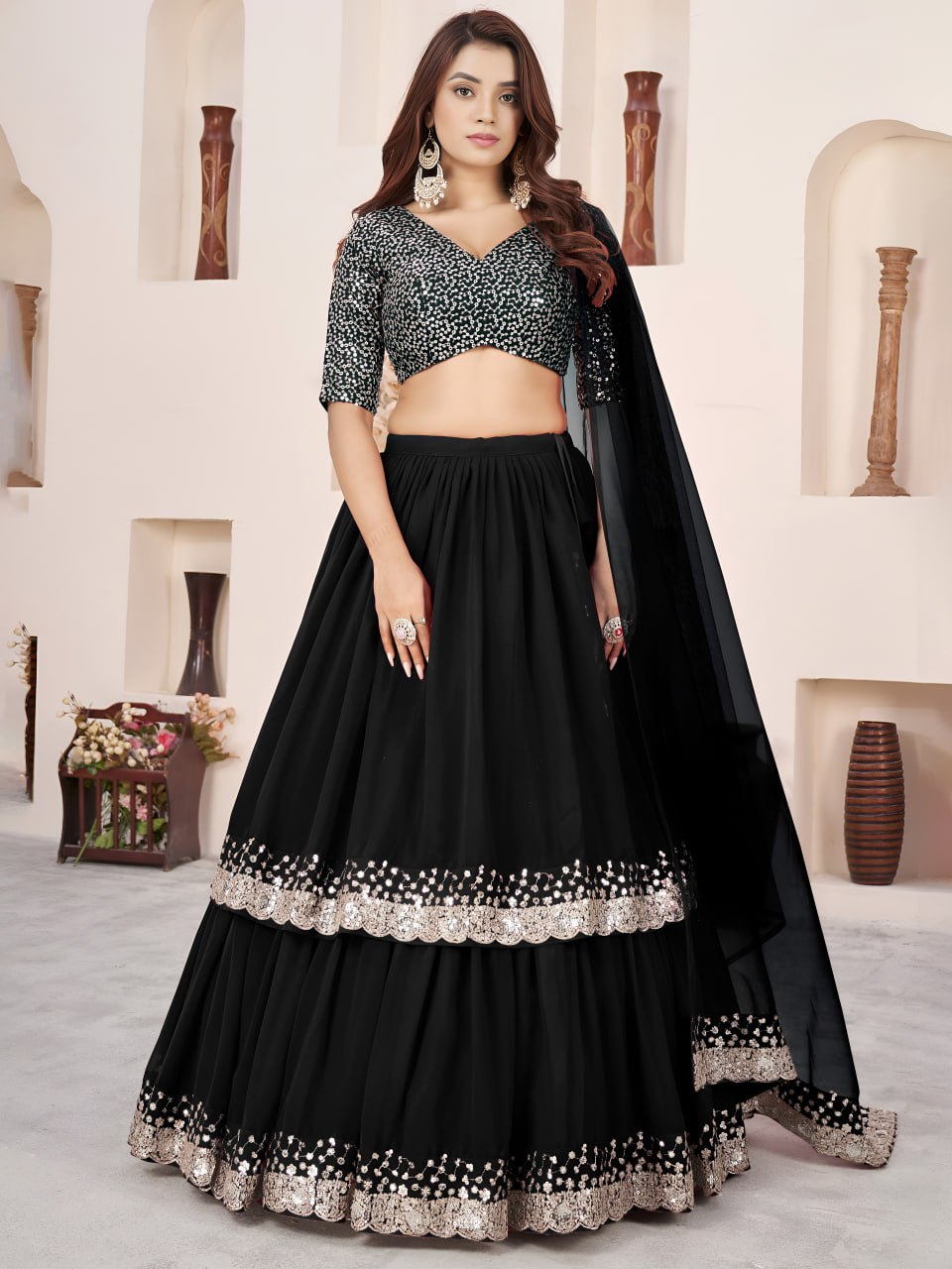Black Georgette Ruffle Embroidered Sequence Lehenga Choli