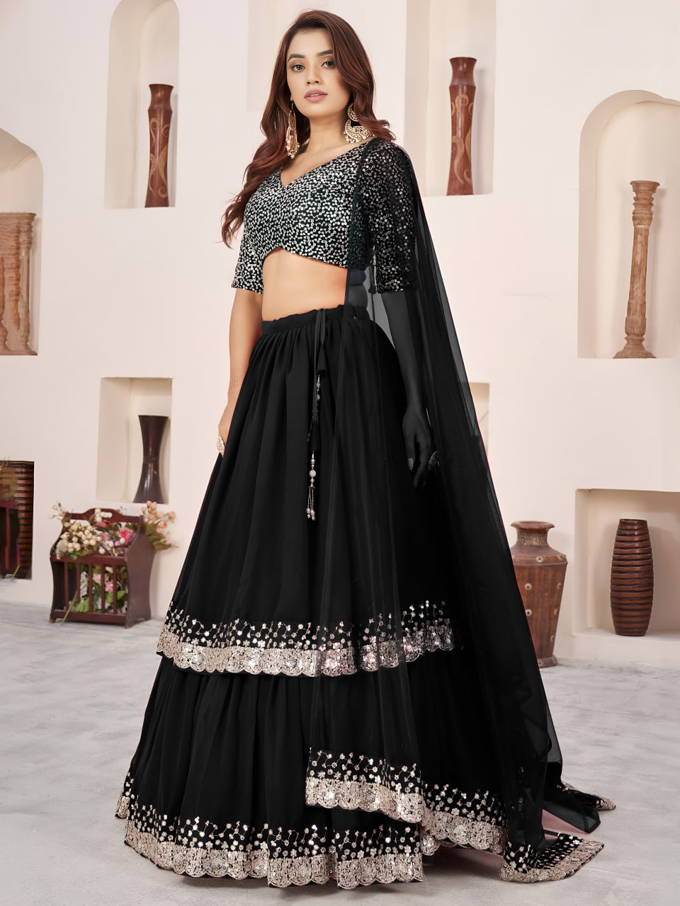 Black Georgette Ruffle Embroidered Sequence Lehenga Choli