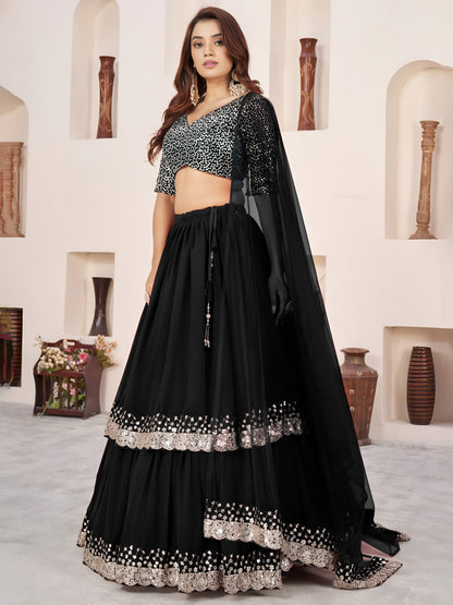 Black Georgette Ruffle Embroidered Sequence Lehenga Choli