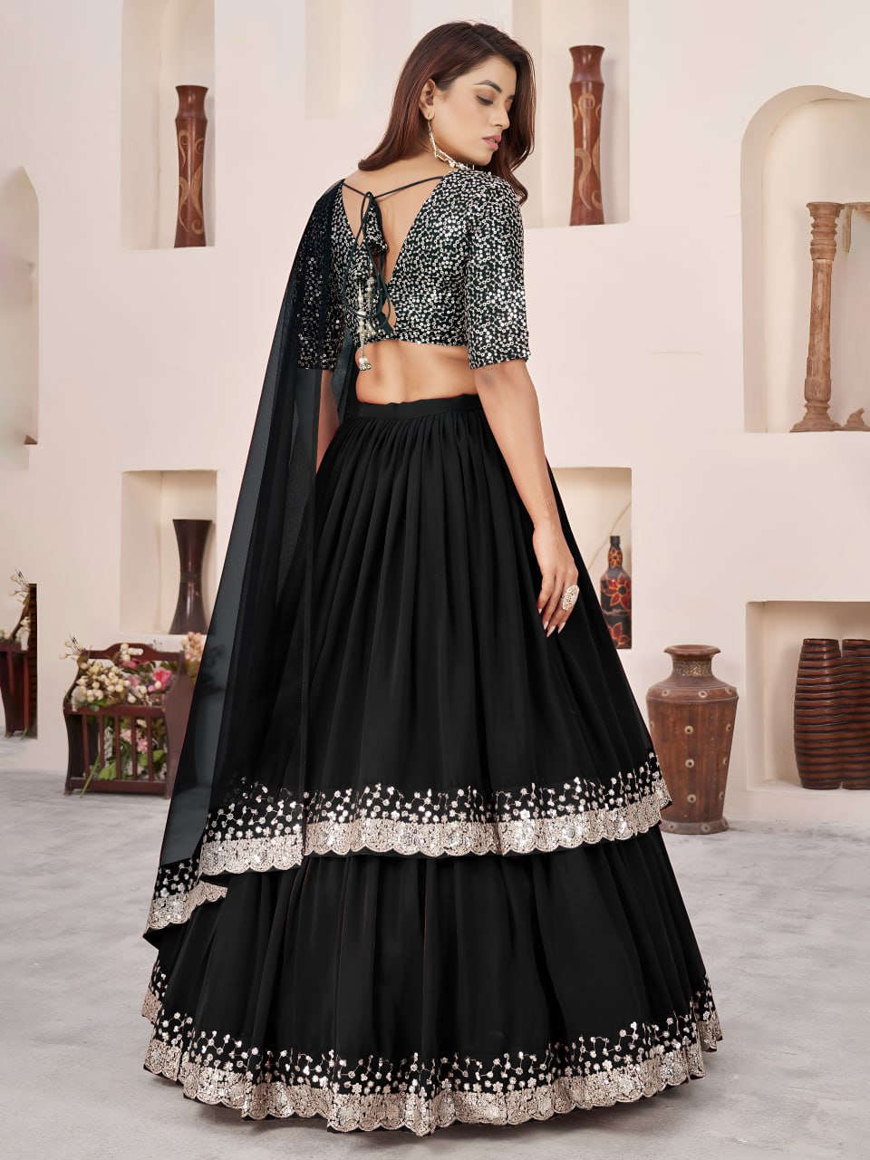 Black Georgette Ruffle Embroidered Sequence Lehenga Choli