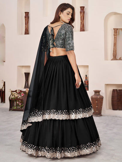 Black Georgette Ruffle Embroidered Sequence Lehenga Choli