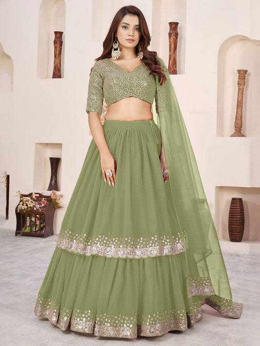 Olive Green Georgette Wedding Guest Wear Lehanga Choli