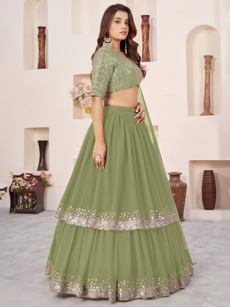 Olive Green Georgette Wedding Guest Wear Lehanga Choli