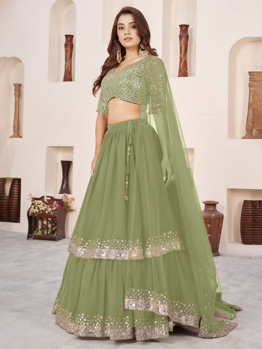 Olive Green Georgette Wedding Guest Wear Lehanga Choli