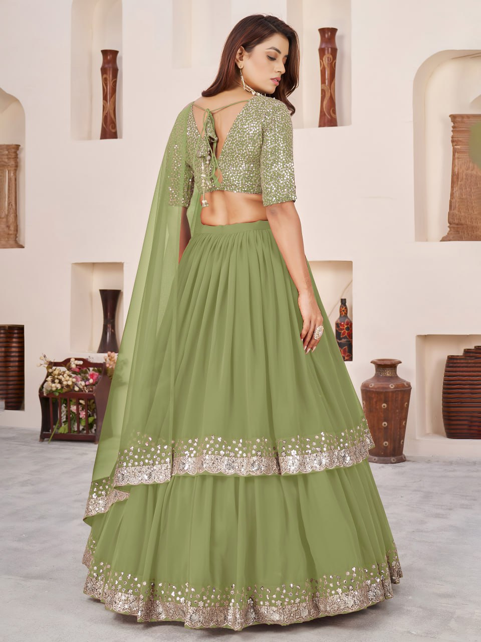 Olive Green Georgette Wedding Guest Wear Lehanga Choli