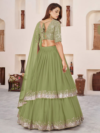 Olive Green Georgette Wedding Guest Wear Lehanga Choli