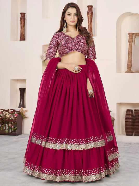 Pink Georgette Sequins Work Ruffle Lehenga Choli for Party