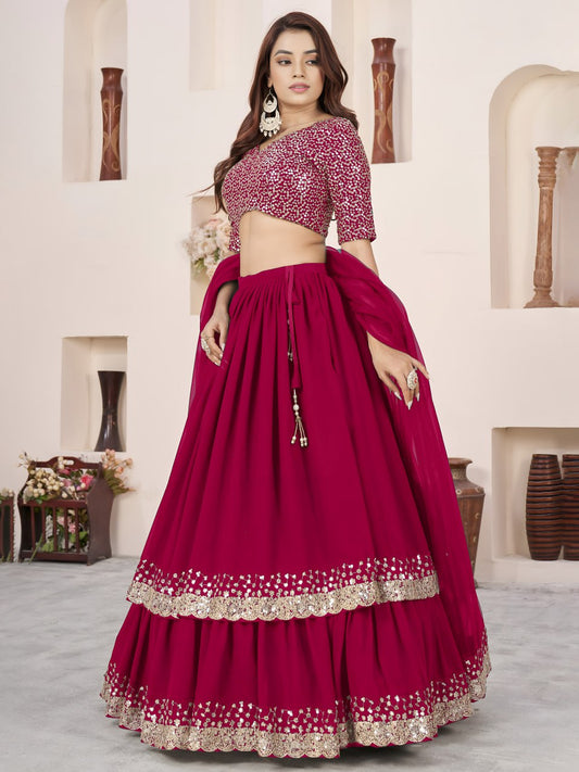 Pink Georgette Sequins Work Ruffle Lehenga Choli for Party