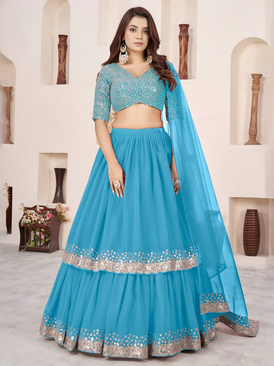 Sky Blue Georgette Lehenga Choli for Wedding Party