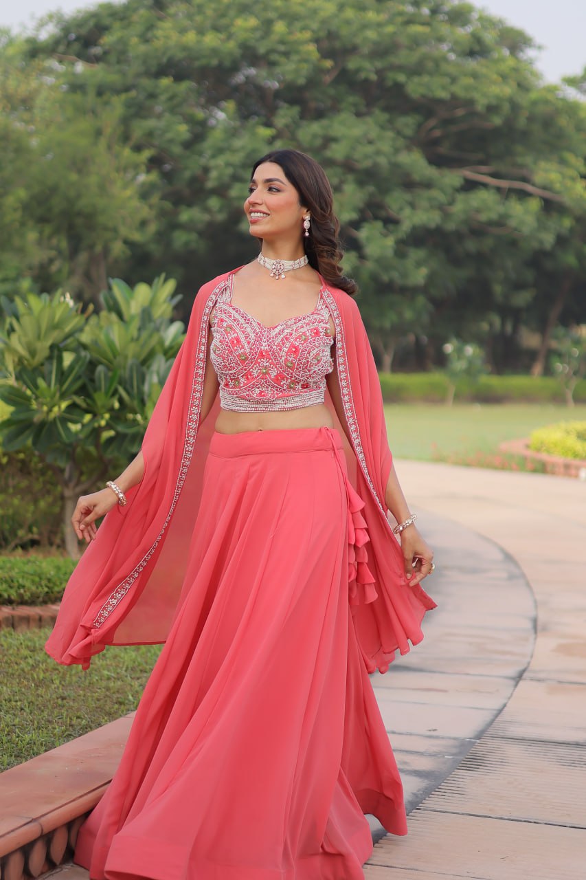 Peach Indo Western Style Lehenga Choli with Shrung