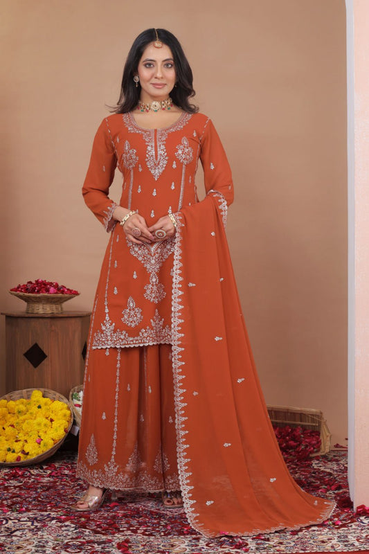 Orange Embroidered Sequins Work Sharara Suits