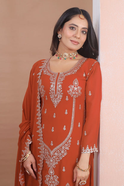 Orange Embroidered Sequins Work Sharara Suits