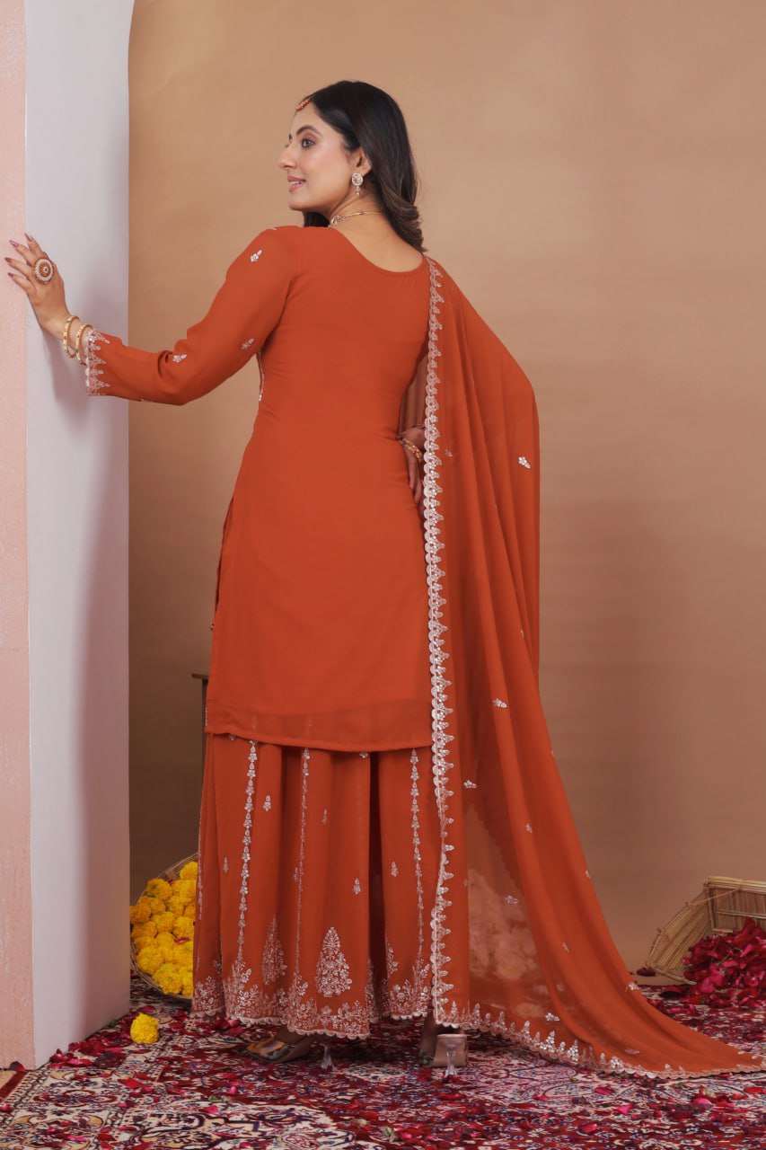 Orange Embroidered Sequins Work Sharara Suits