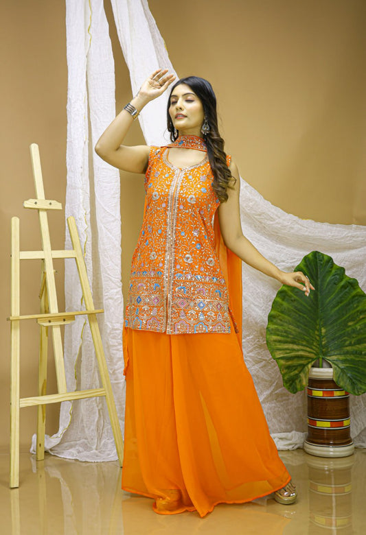 Orange Embroidered Work Sharara Suits for Eid