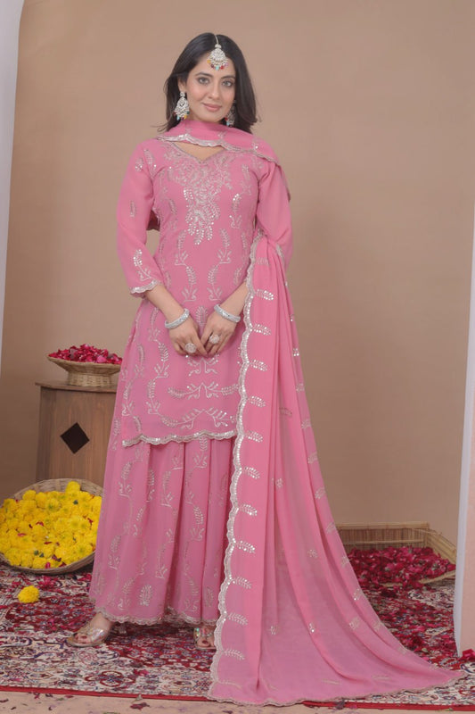 Pink Georgette Embroidered Work Eid Sharara Suits