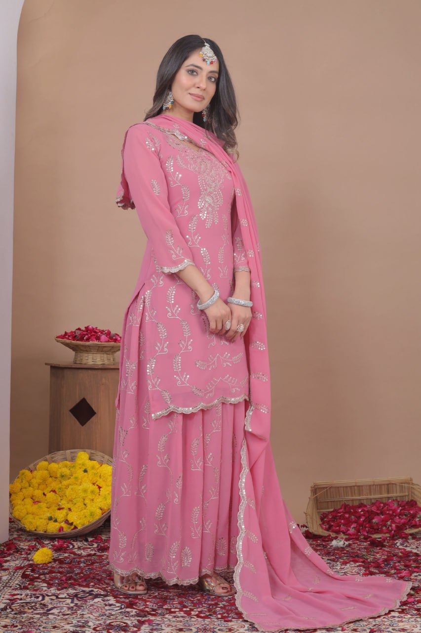 Pink Georgette Embroidered Work Eid Sharara Suits