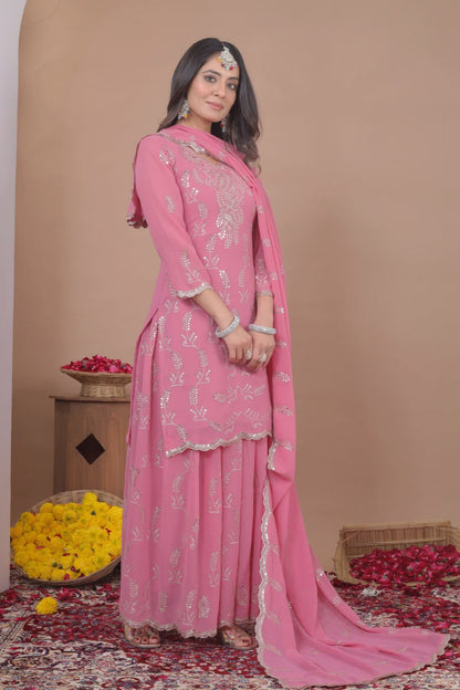 Pink Georgette Embroidered Work Eid Sharara Suits
