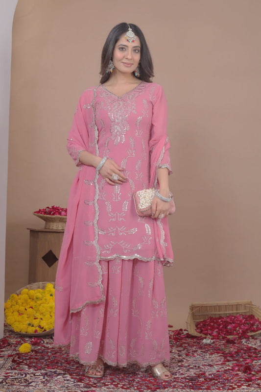 Pink Georgette Embroidered Work Eid Sharara Suits