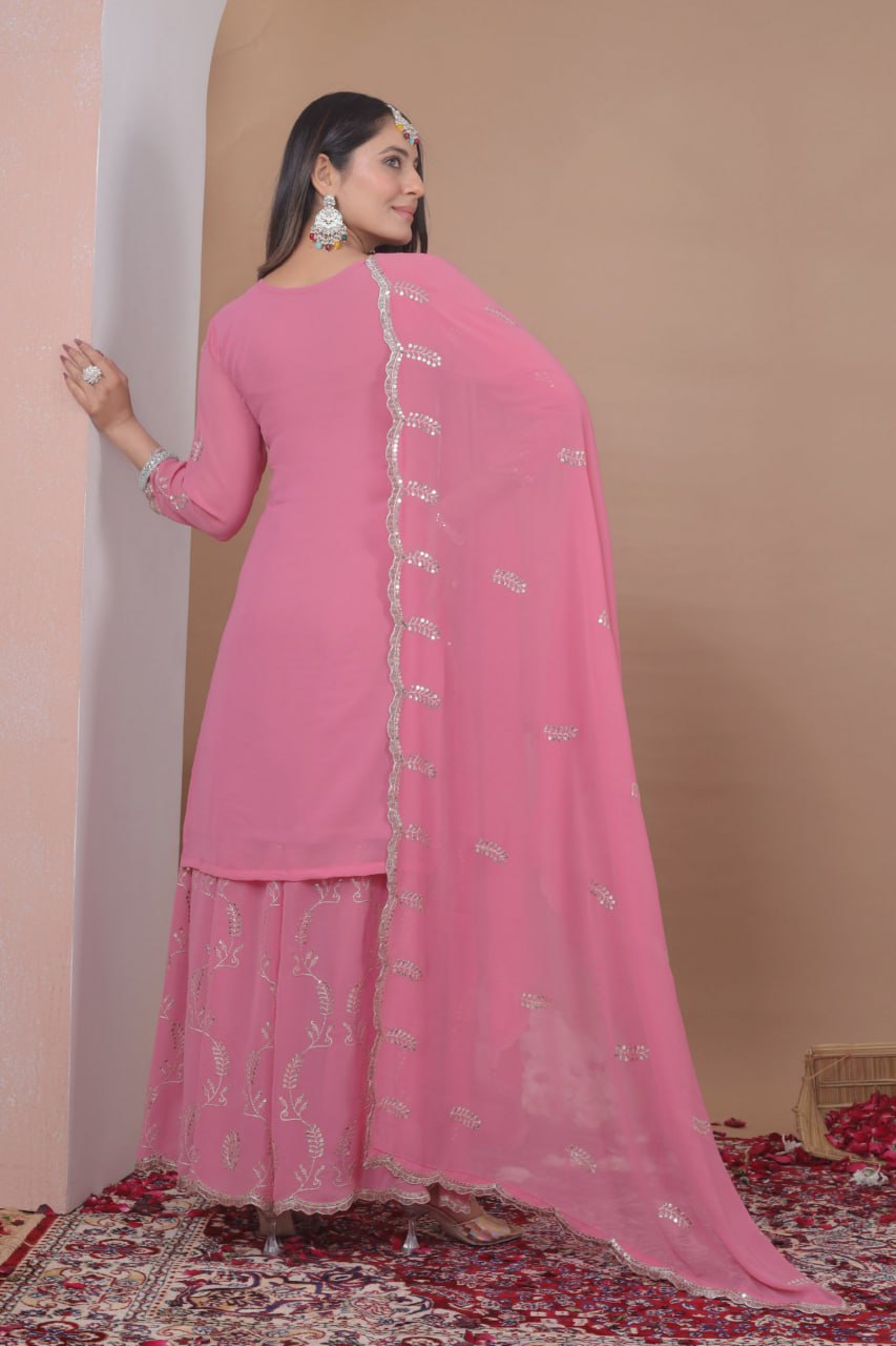 Pink Georgette Embroidered Work Eid Sharara Suits