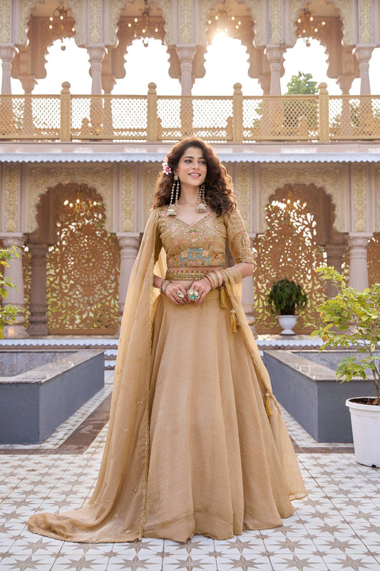 Gold Crunchy Wedding Party Wear Lehenga Choli