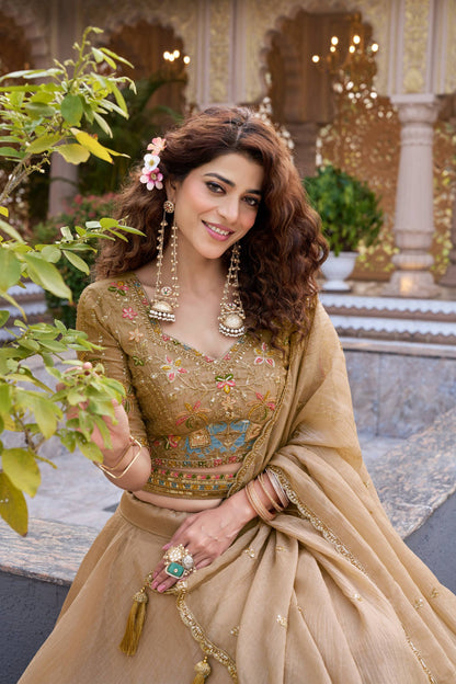 Gold Crunchy Wedding Party Wear Lehenga Choli