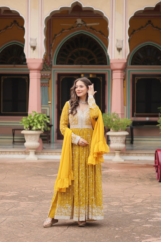 Yellow Embroidered Work Kurti Palazzo Suits for Haldi
