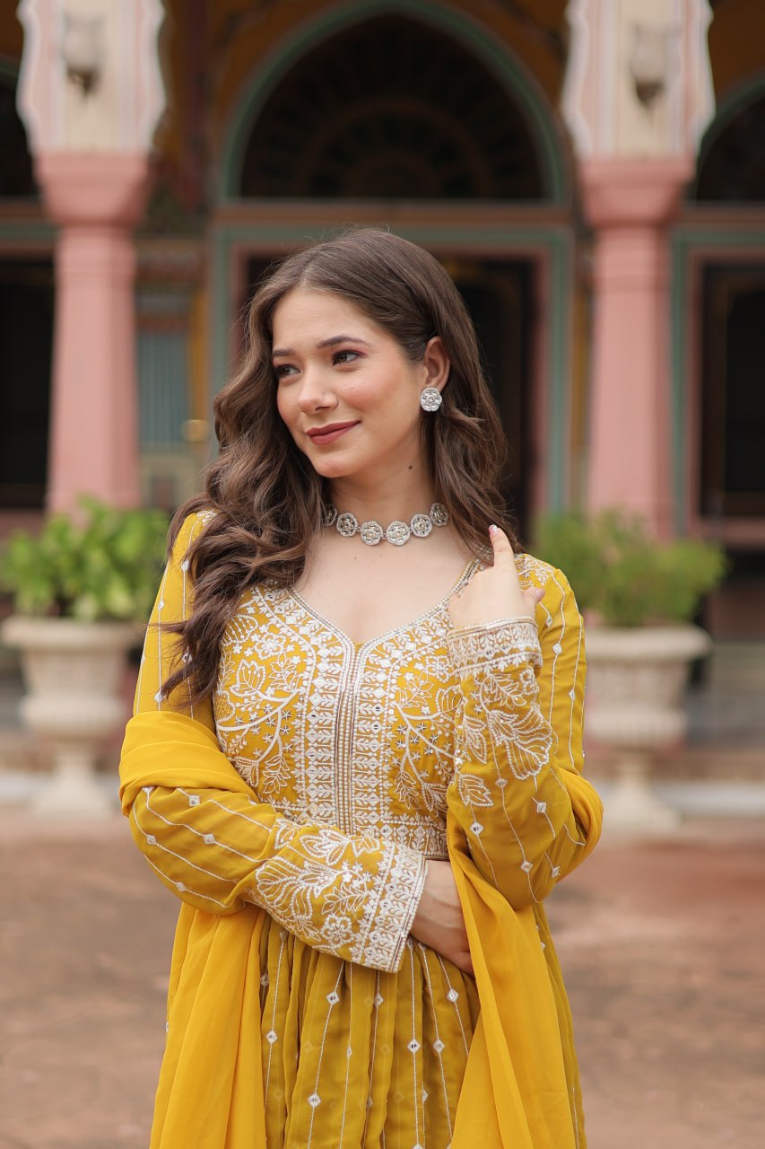 Yellow Embroidered Work Kurti Palazzo Suits for Haldi