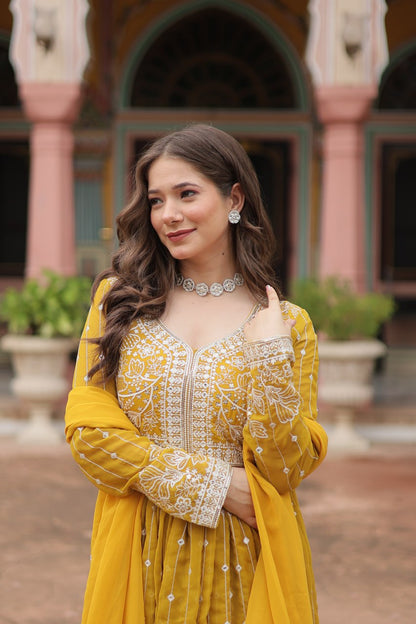 Yellow Embroidered Work Kurti Palazzo Suits for Haldi