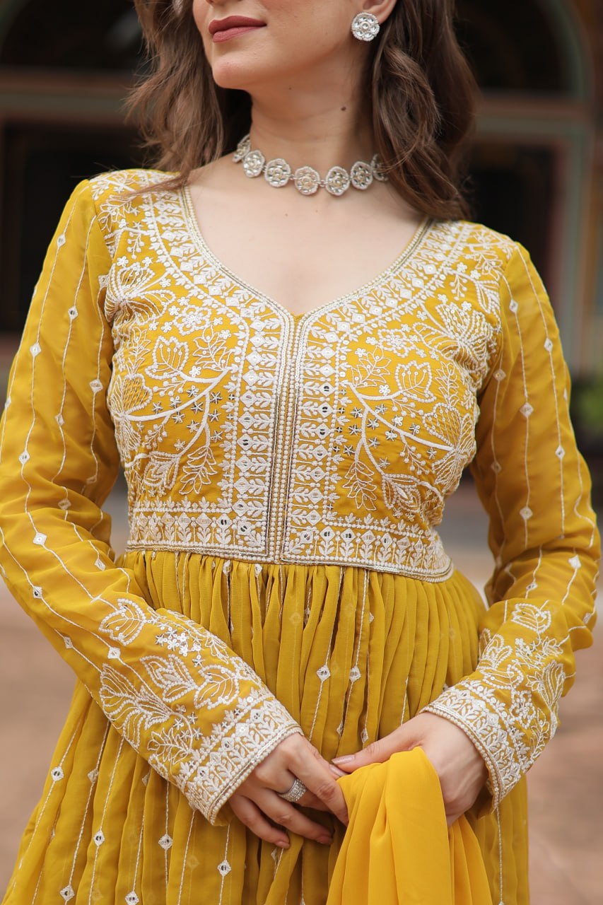 Yellow Embroidered Work Kurti Palazzo Suits for Haldi