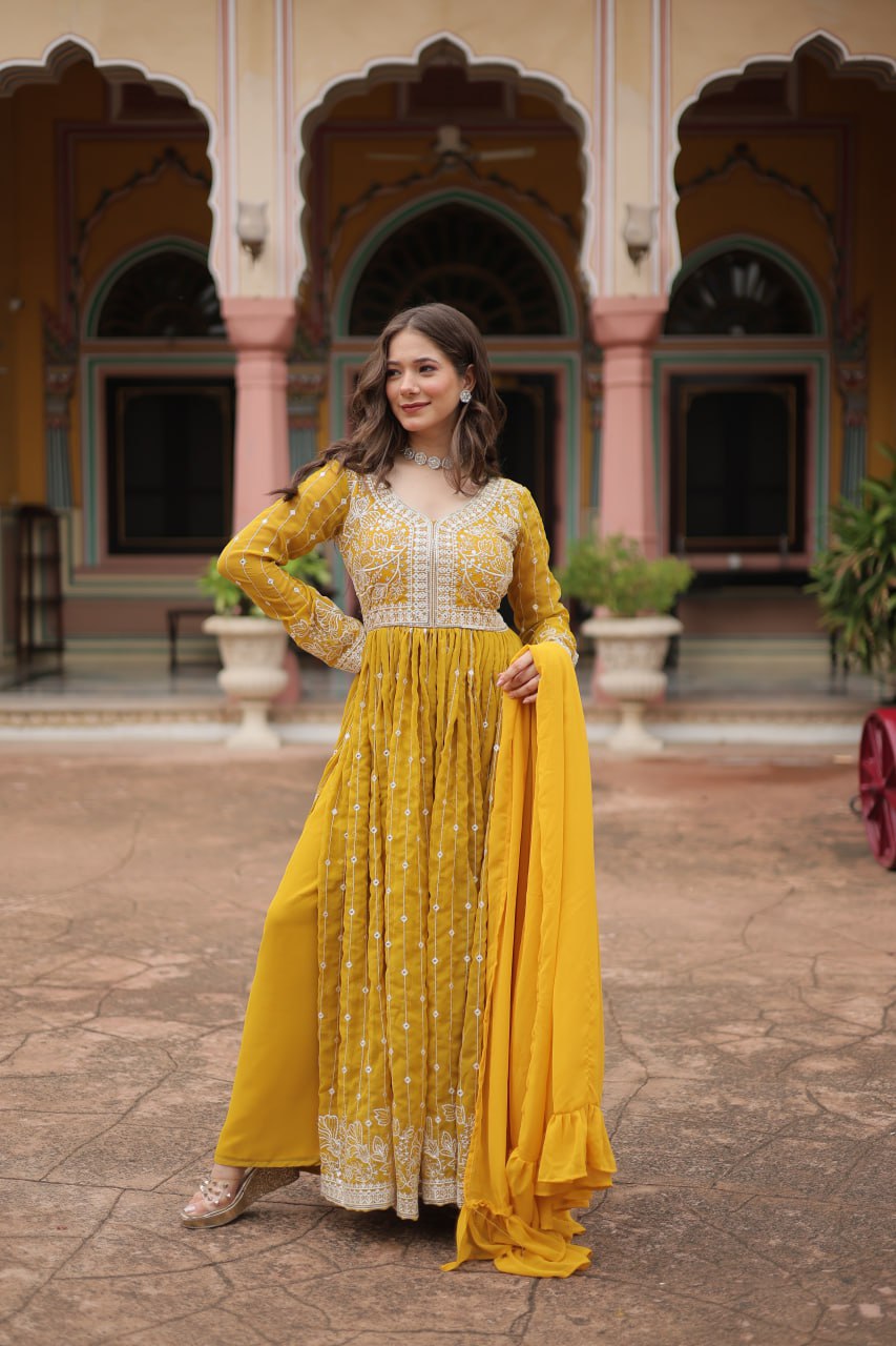 Yellow Embroidered Work Kurti Palazzo Suits for Haldi