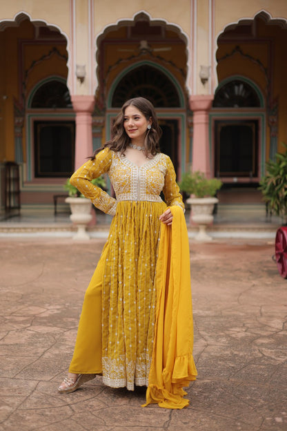 Yellow Embroidered Work Kurti Palazzo Suits for Haldi