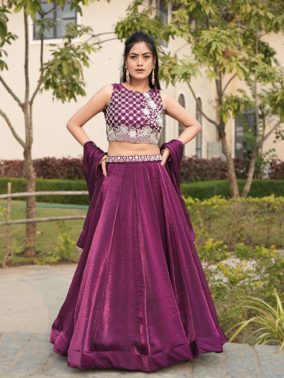 Wine Fendy Bead Embroidery Work Lengha Choli