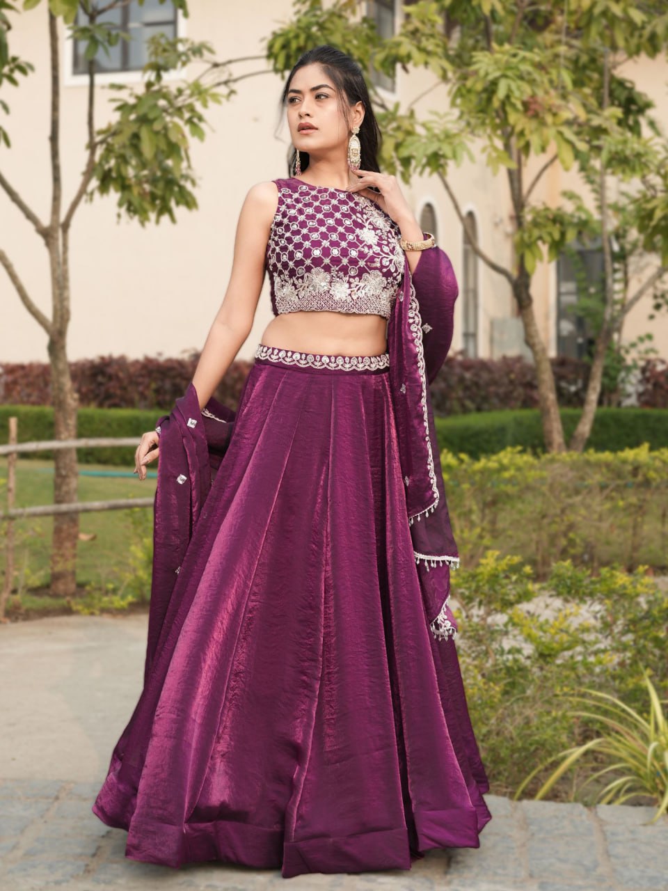 Wine Fendy Bead Embroidery Work Lengha Choli