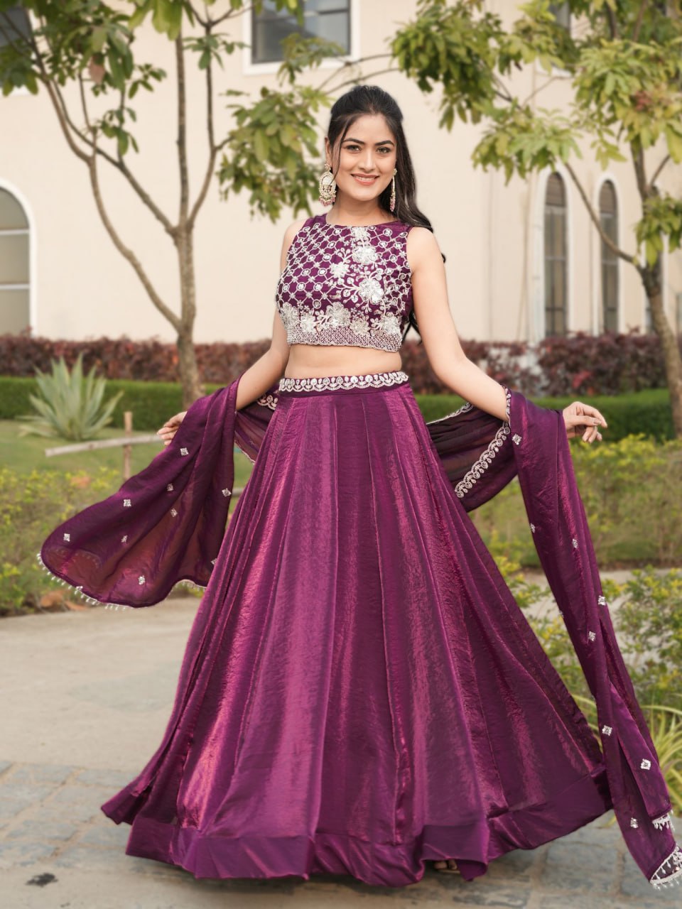 Wine Fendy Bead Embroidery Work Lengha Choli