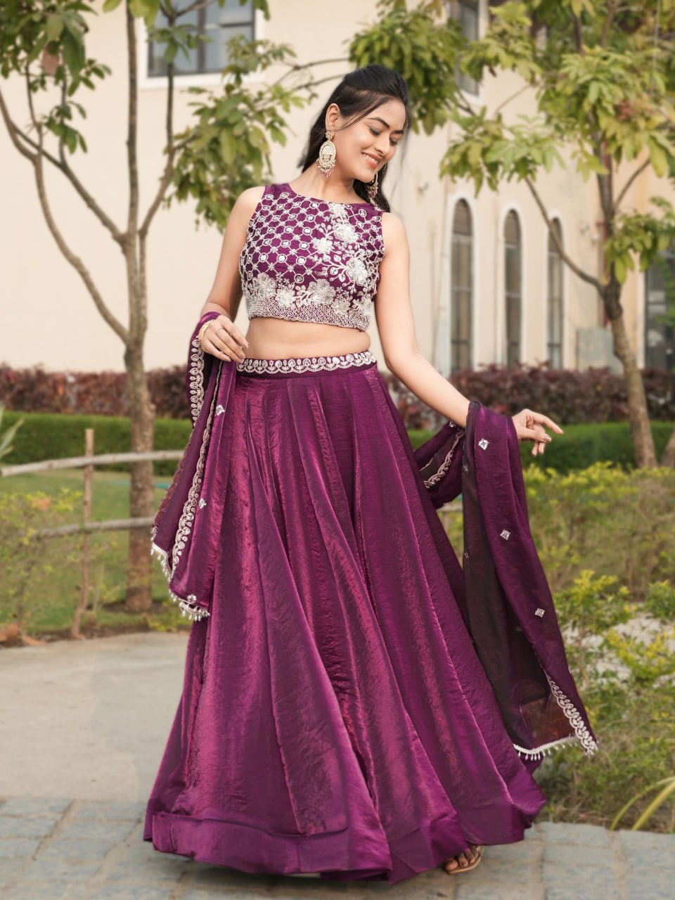 Wine Fendy Bead Embroidery Work Lengha Choli