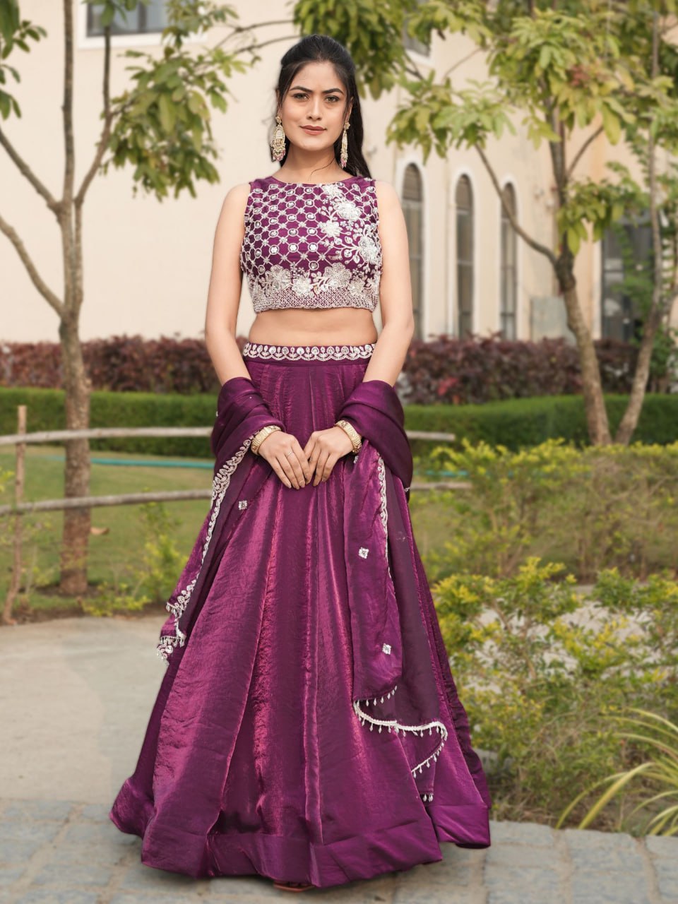 Wine Fendy Bead Embroidery Work Lengha Choli
