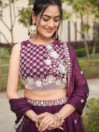 Wine Fendy Bead Embroidery Work Lengha Choli