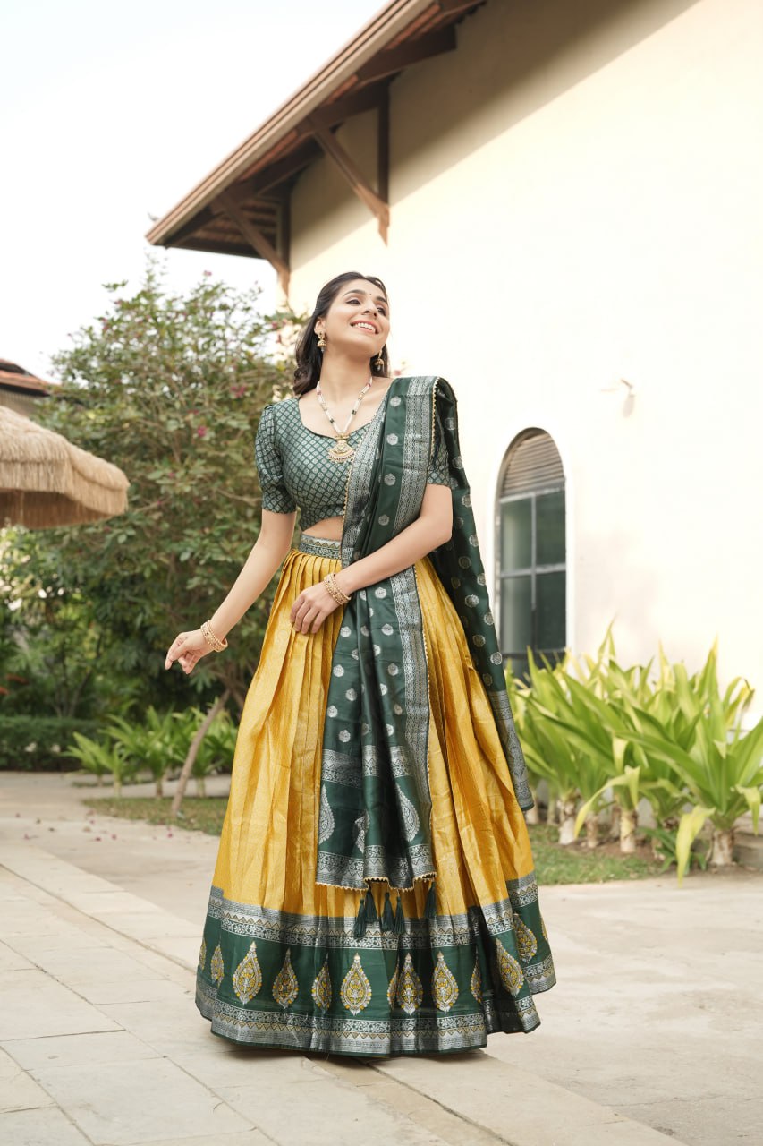 Yellow Kanchipuram Silk Zari Weaving Lehenga Choli