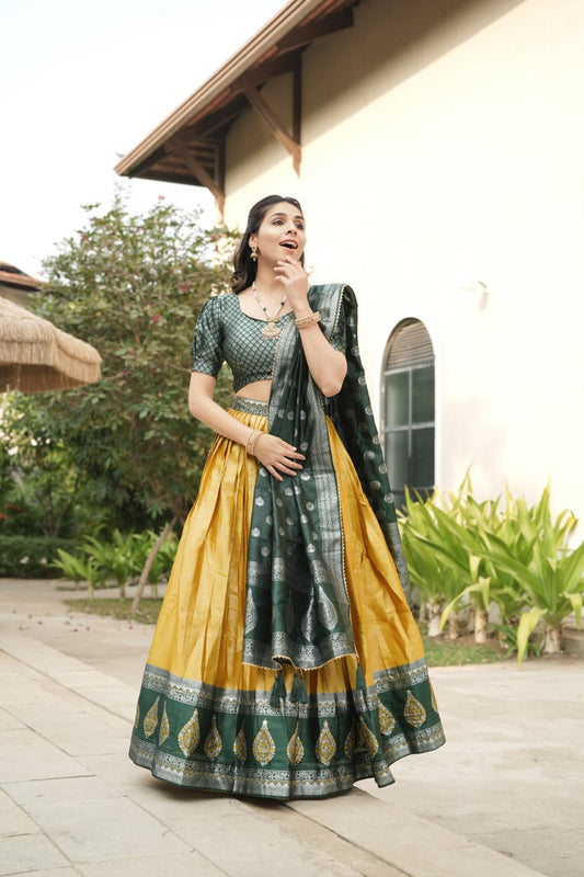 Yellow Kanchipuram Silk Zari Weaving Lehenga Choli