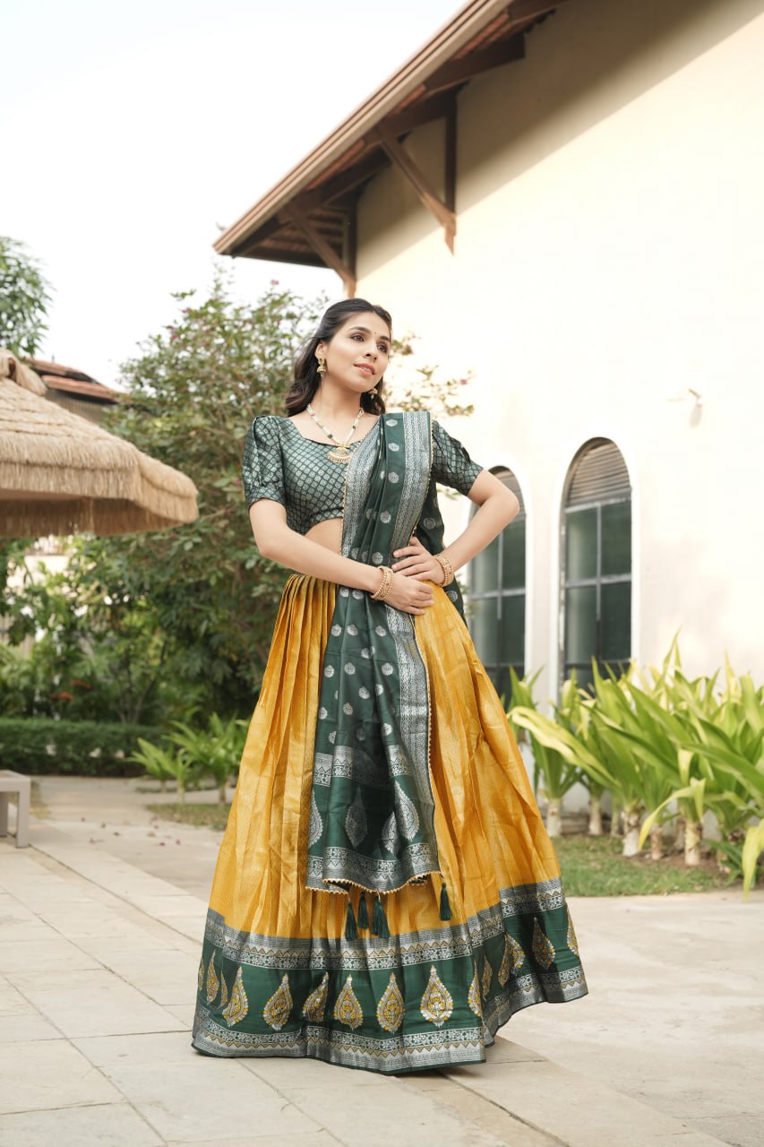 Yellow Kanchipuram Silk Zari Weaving Lehenga Choli